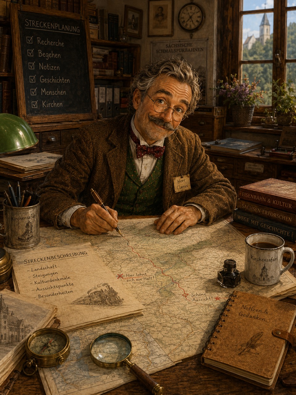 KI-Illustration: Herr Clarus zeichnet an einem Schreibtisch eine Route auf einer Landkarte ein.