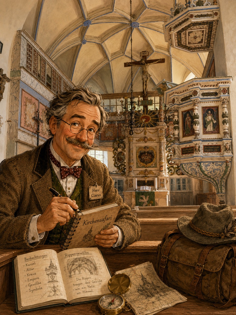 KI-Illustration: Herr Clarus sitzt mit einem Notizbuch in einem reich ausgestatteten Kirchenraum.